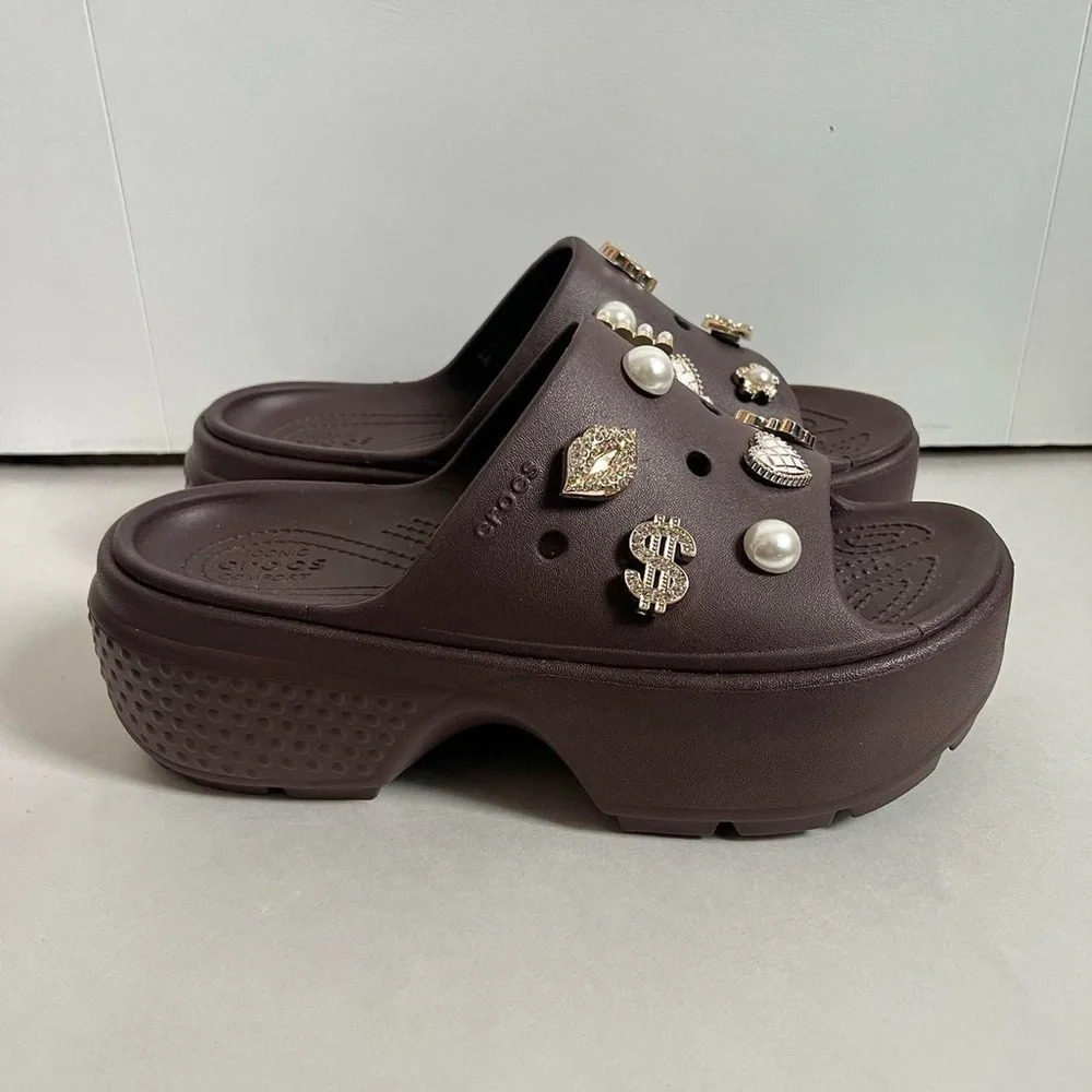 CROCS Platform Slide Mules with Gold & Pearl Charms - Picture 2 of 6